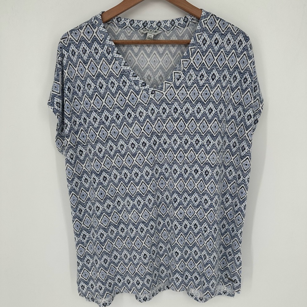 Orvis Women's V-Neck Tunic Sz L Blue Geometric Pattern Cap Sleeve T5